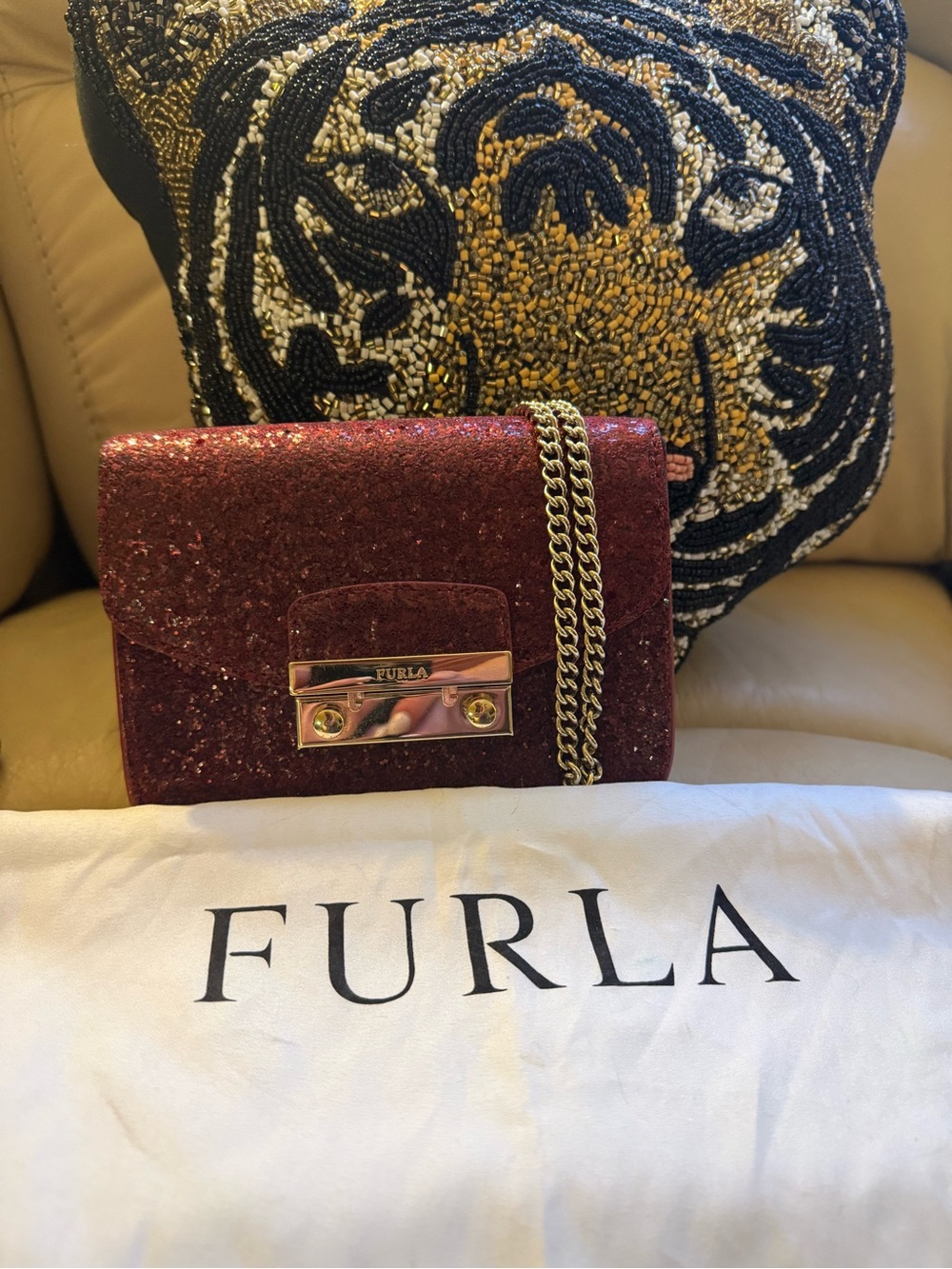 NWOT Furla Metropolis Wine Glitter Mini Crossbody Bag - Picture 3 of 10